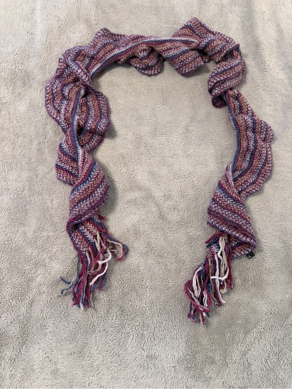Handmade Knit Spiral Ruffle Scarf | Purple Variegated Fringe Wrap